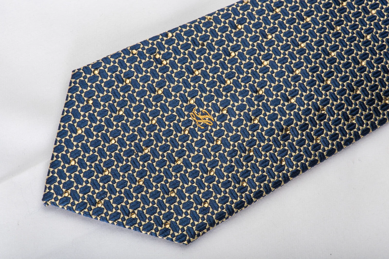 Indian Leaders Silk Tie Blue Geometric On Gold Sparkling With Rhinestones