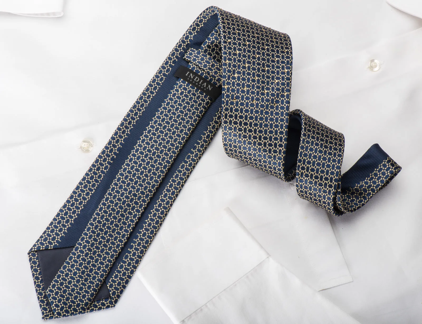 Indian Leaders Silk Tie Blue Geometric On Gold Sparkling With Rhinestones