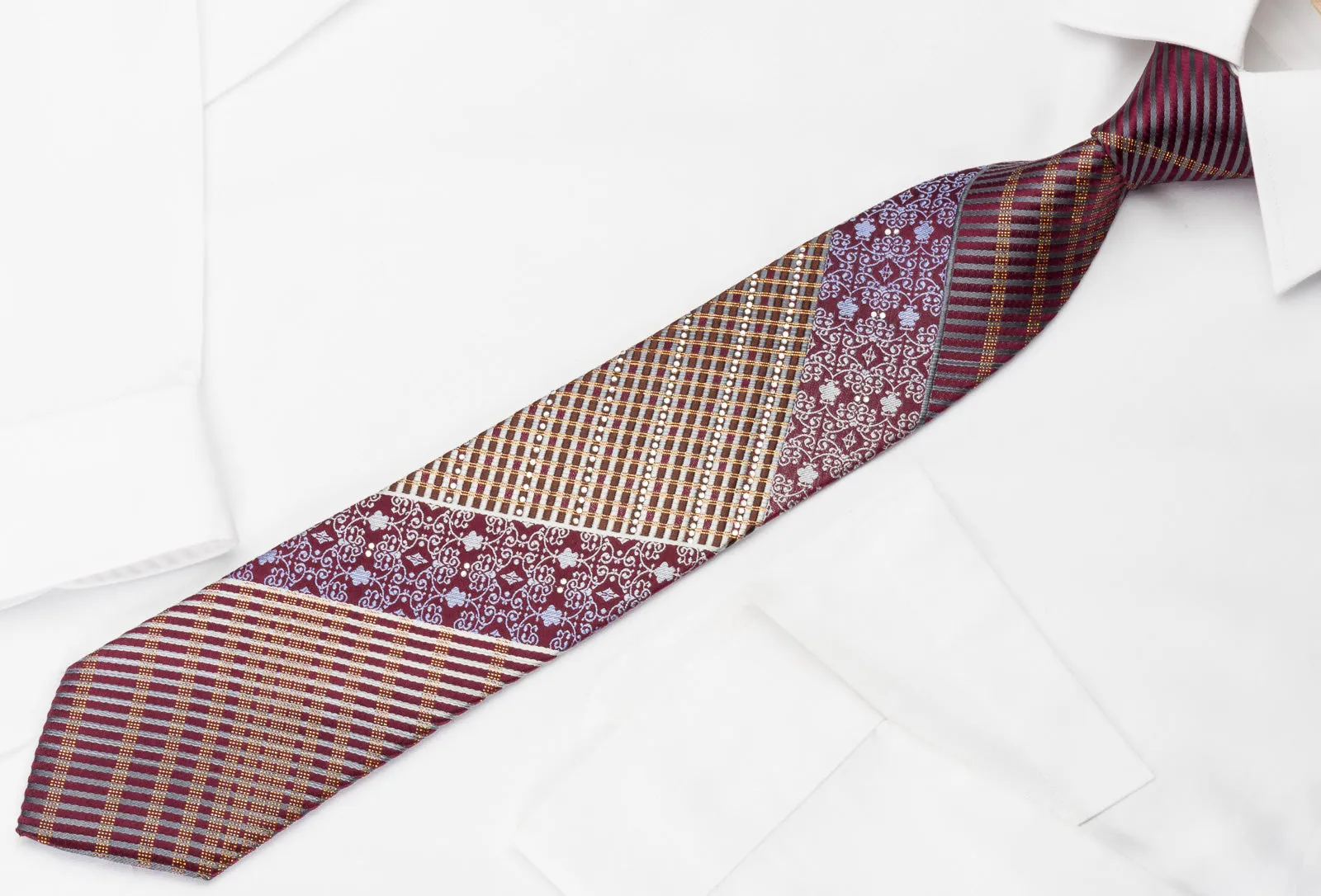 Lancetti Rhinestone Silk Necktie Silver Stripes & Damask On Burgundy With Golden Sparkles