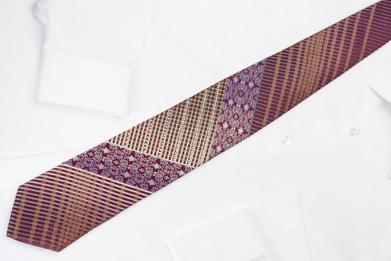 Lancetti Rhinestone Silk Necktie Silver Stripes & Damask On Burgundy With Golden Sparkles