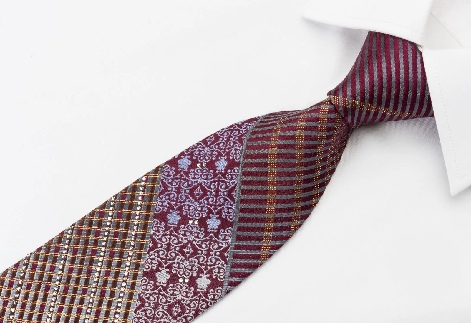 Lancetti Rhinestone Silk Necktie Silver Stripes & Damask On Burgundy With Golden Sparkles