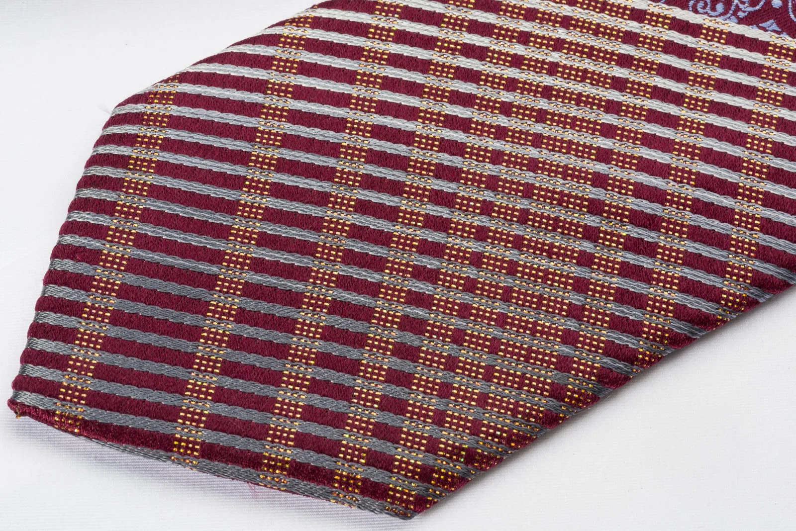 Lancetti Rhinestone Silk Necktie Silver Stripes & Damask On Burgundy With Golden Sparkles