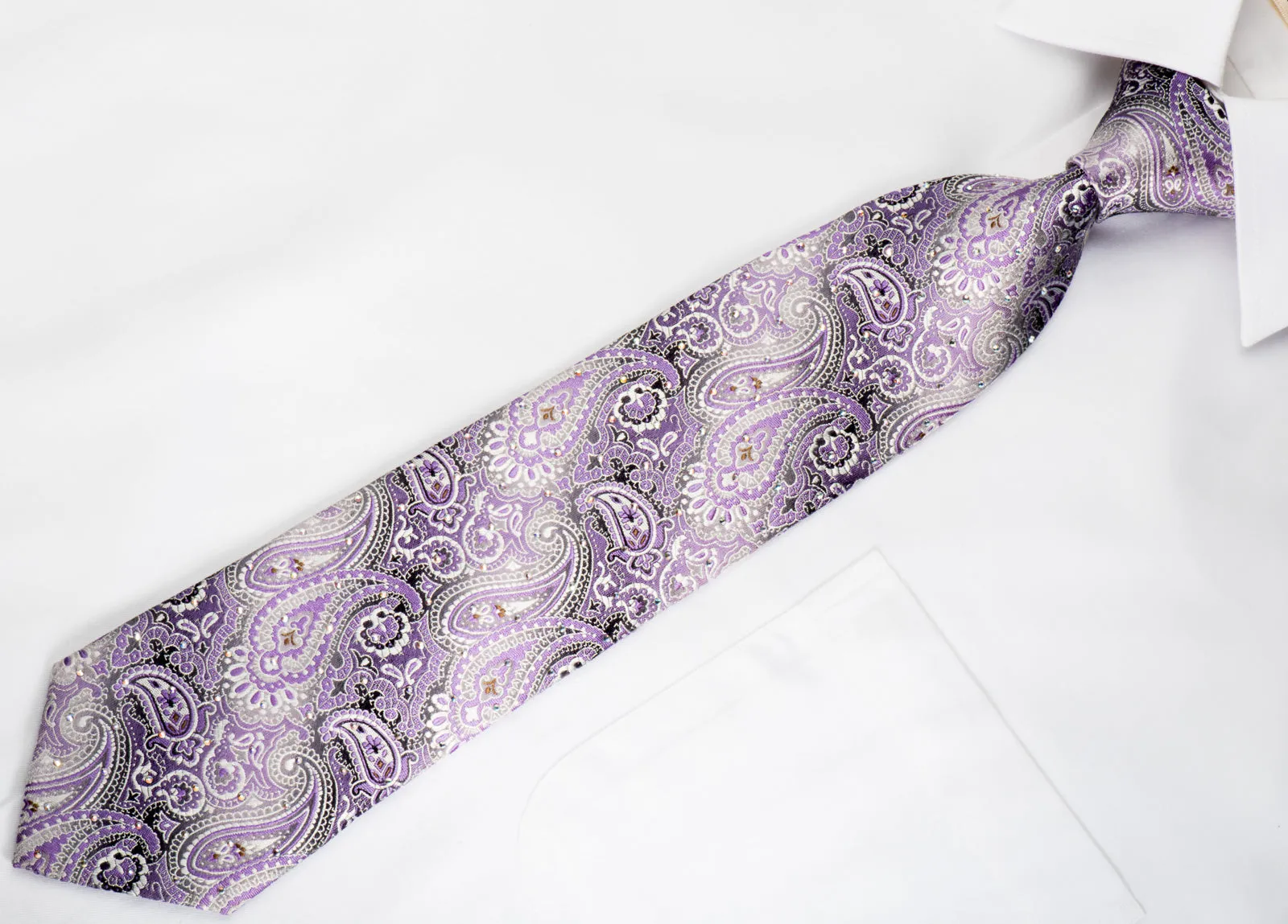 Lancetti Silk Necktie Purple Paisley On Silver With Rhinestones