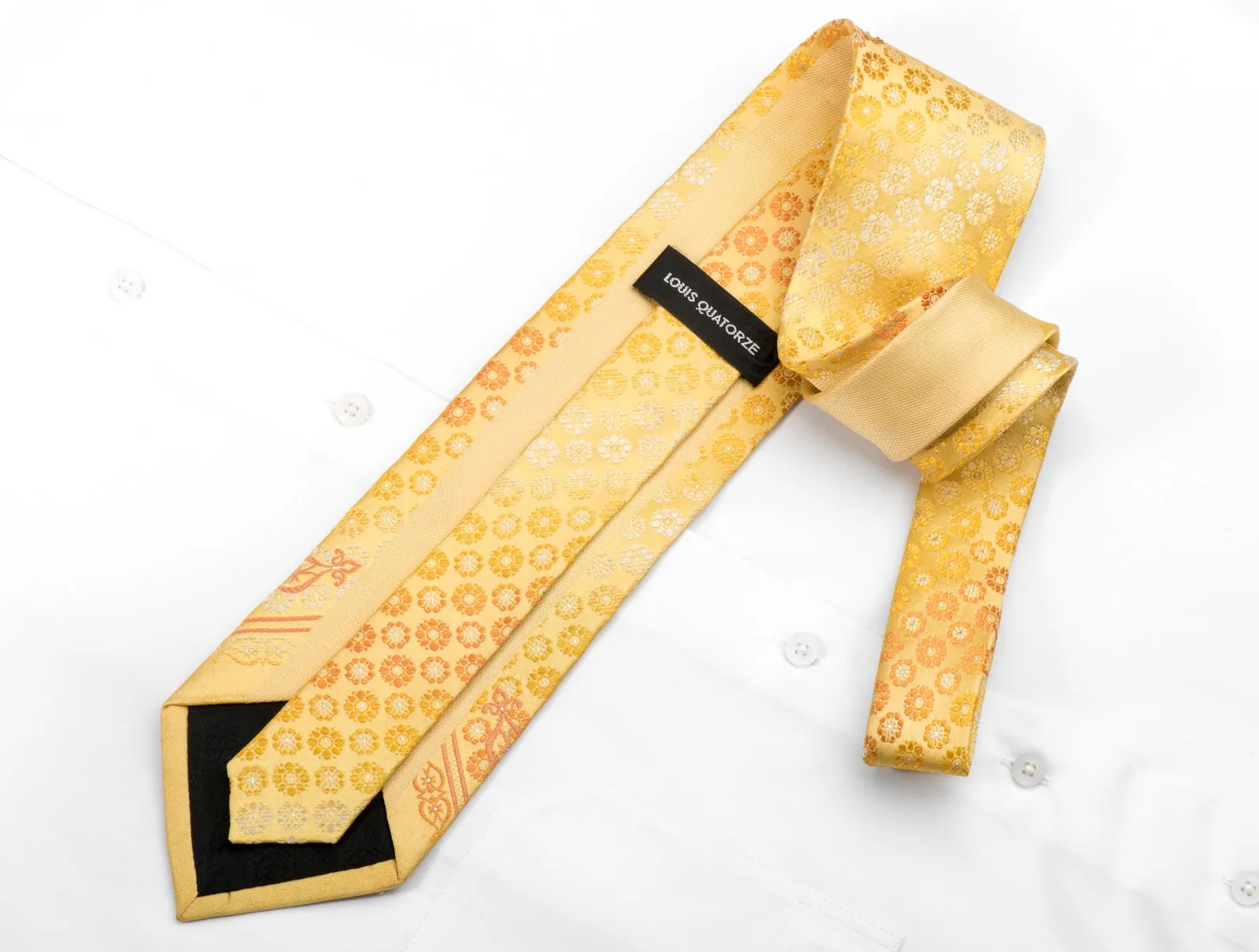 Louis Quatorze Mens Rhinestone Silk Necktie Orange Foulard & Damask On Yellow With Sparkles