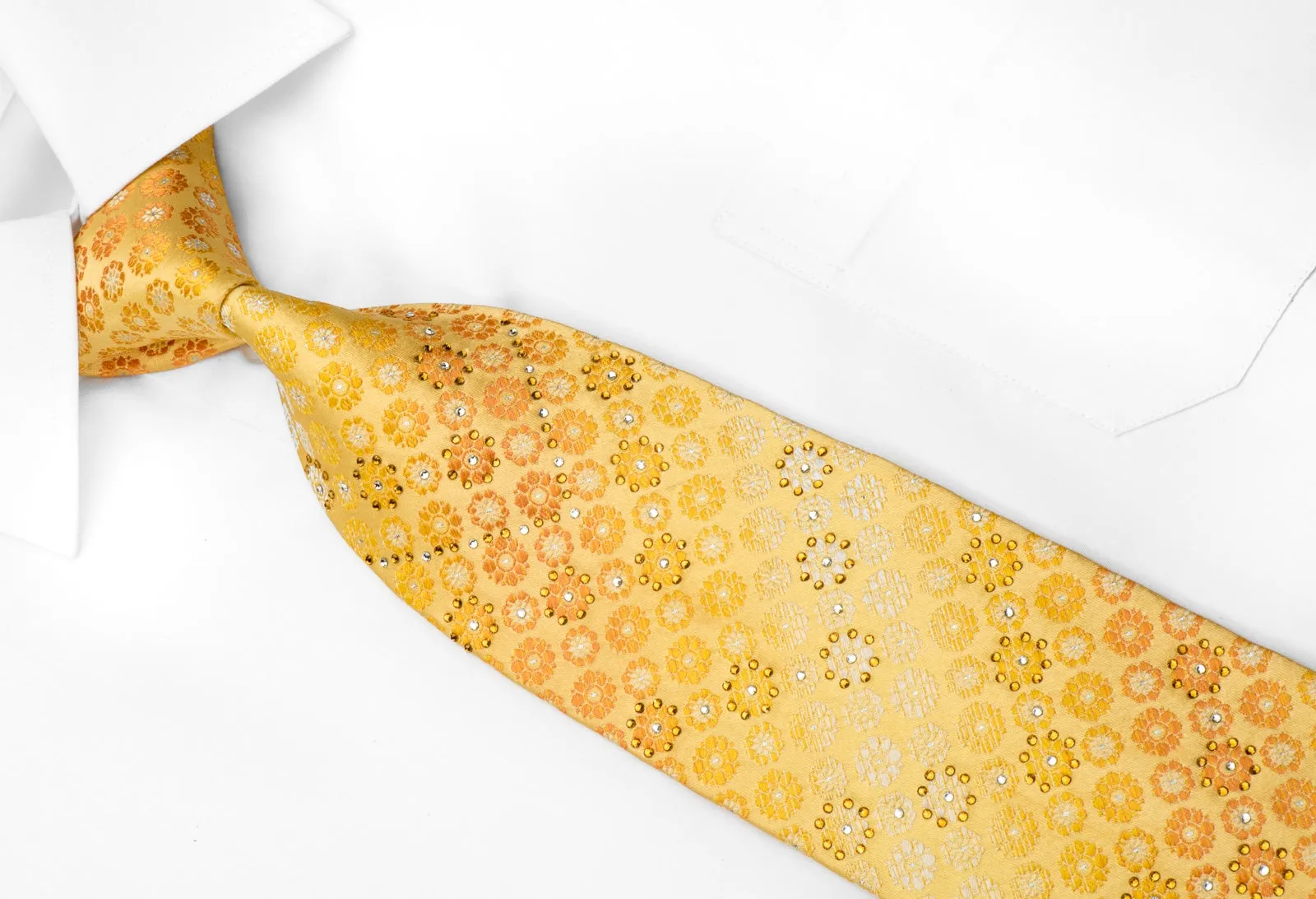 Louis Quatorze Mens Rhinestone Silk Necktie Orange Foulard & Damask On Yellow With Sparkles