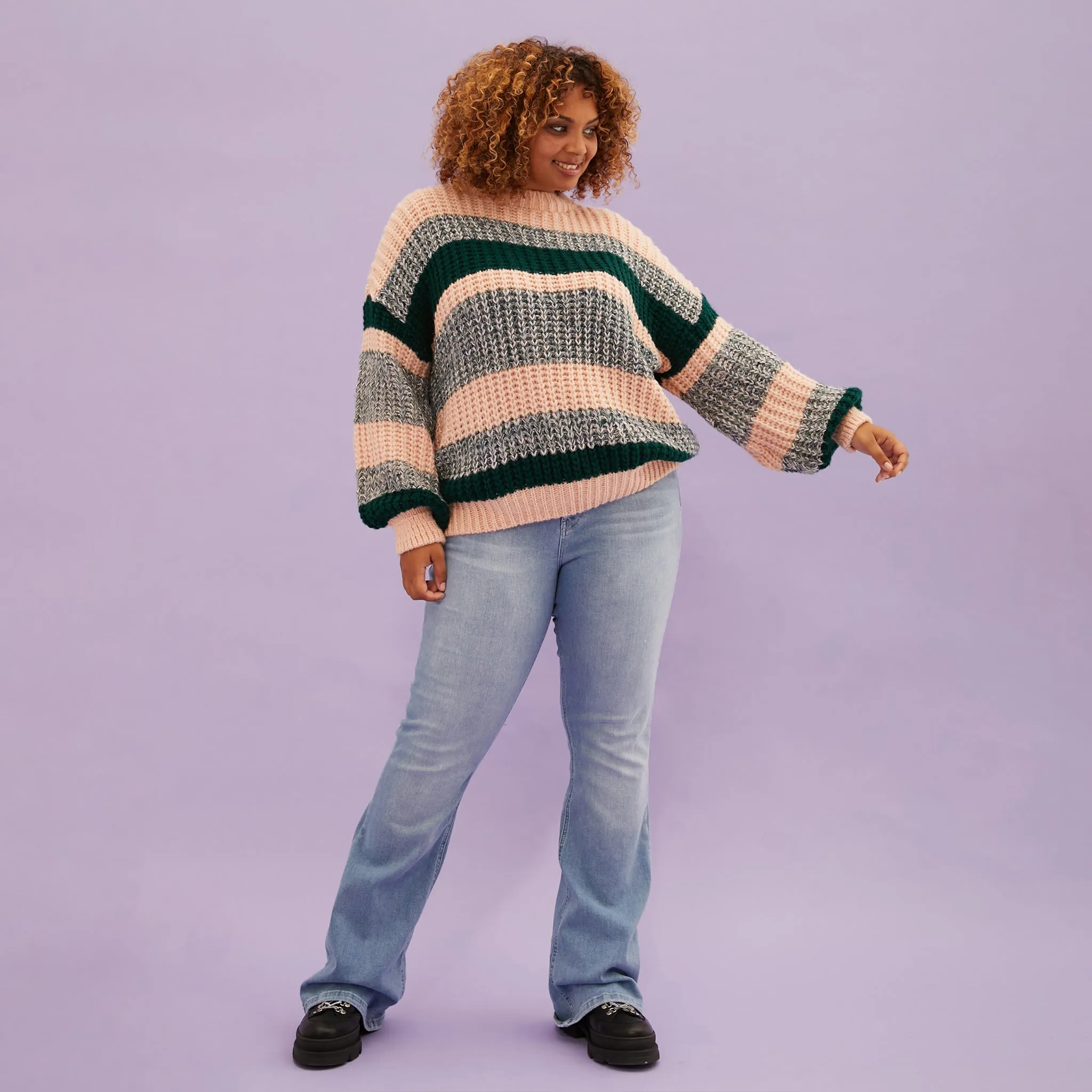 Louise Stripe Balloon Sleeve Jumper - Bottle Green