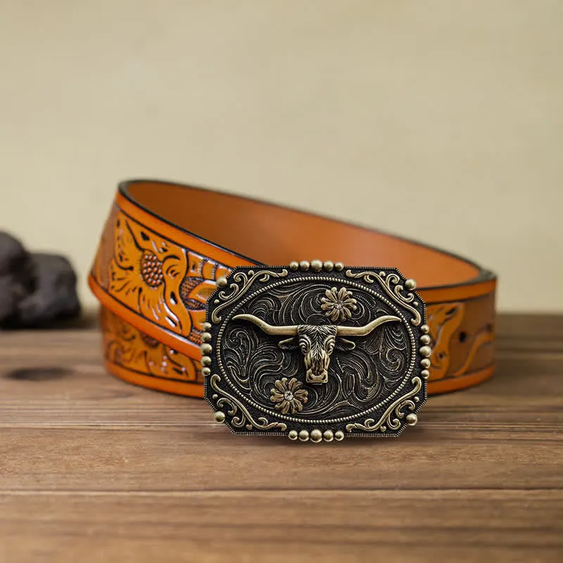 Men's DIY Bull Floral Rhinestone Buckle Leather Belt