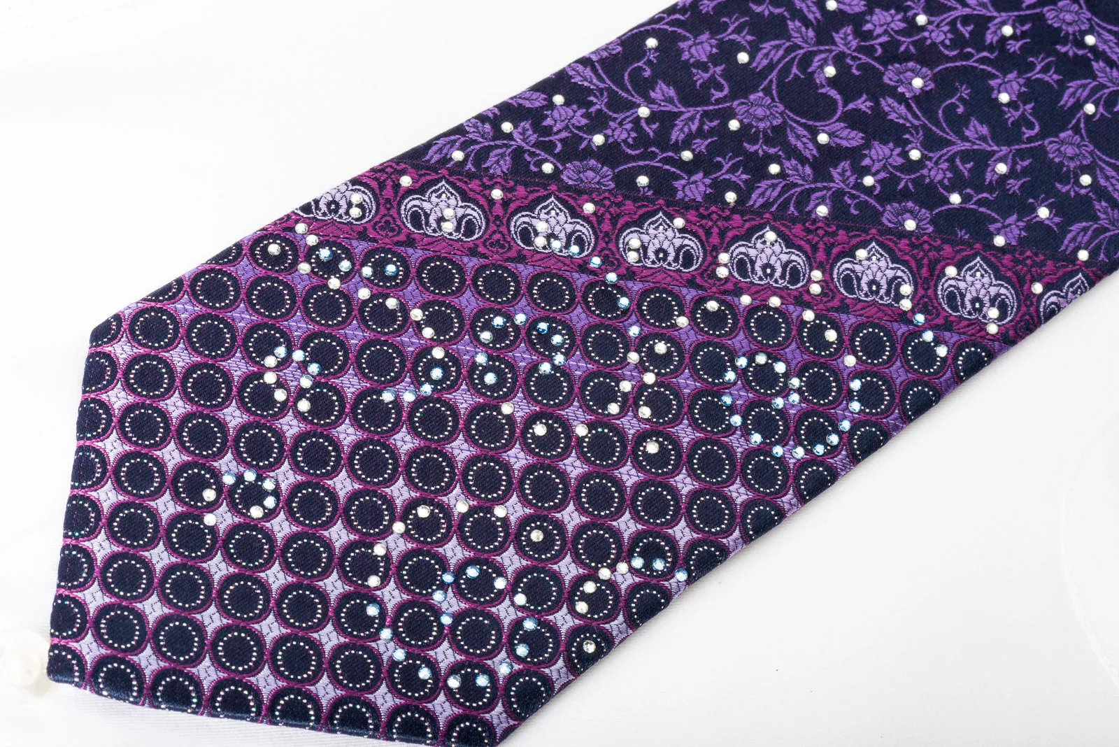 Men's Rhinestone Silk Necktie Floral On Purple With Silver Sparkles