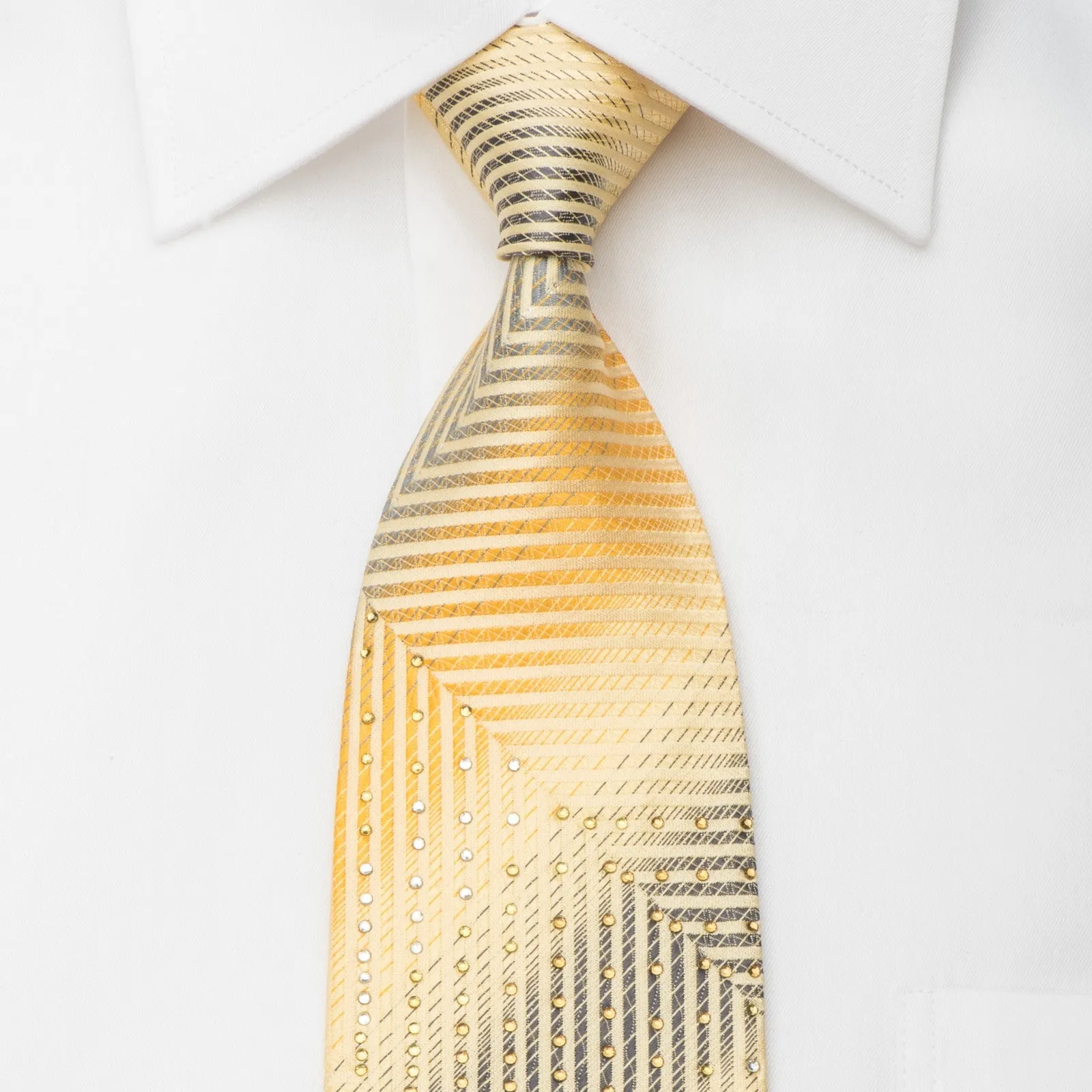 Michiko Koshino Mens Silk Tie Yellow Silver Chevron Striped Sparkling With Rhinestones