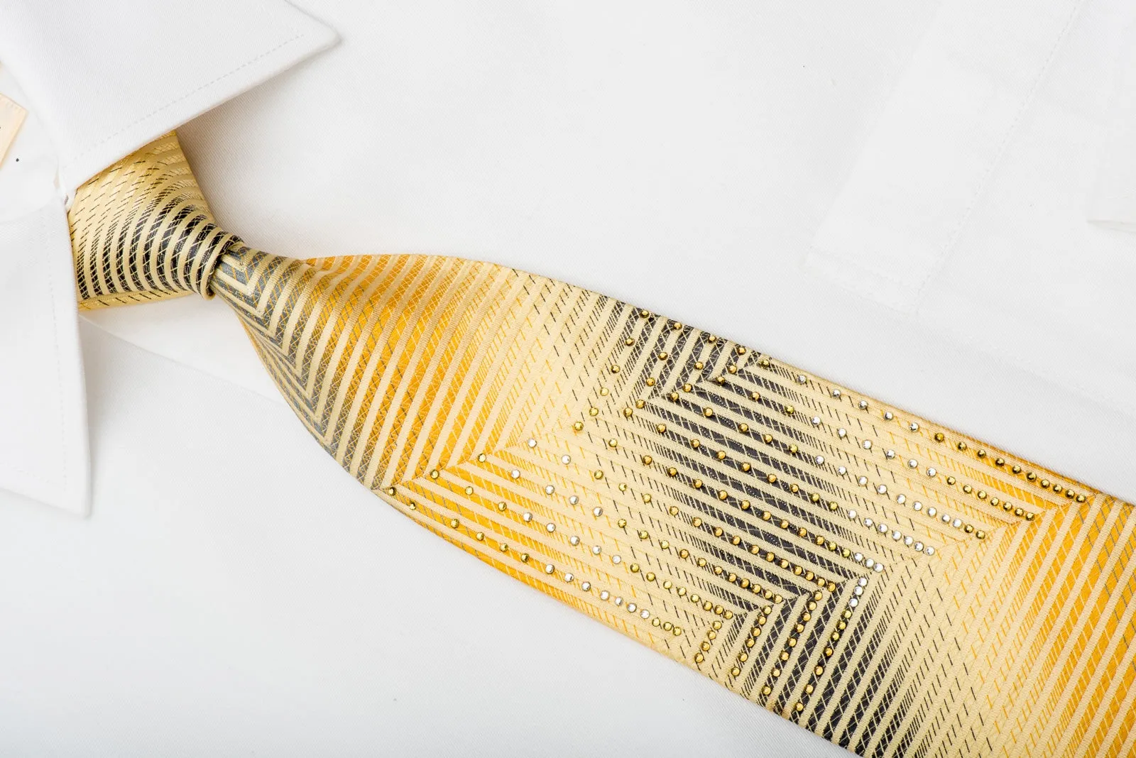 Michiko Koshino Mens Silk Tie Yellow Silver Chevron Striped Sparkling With Rhinestones