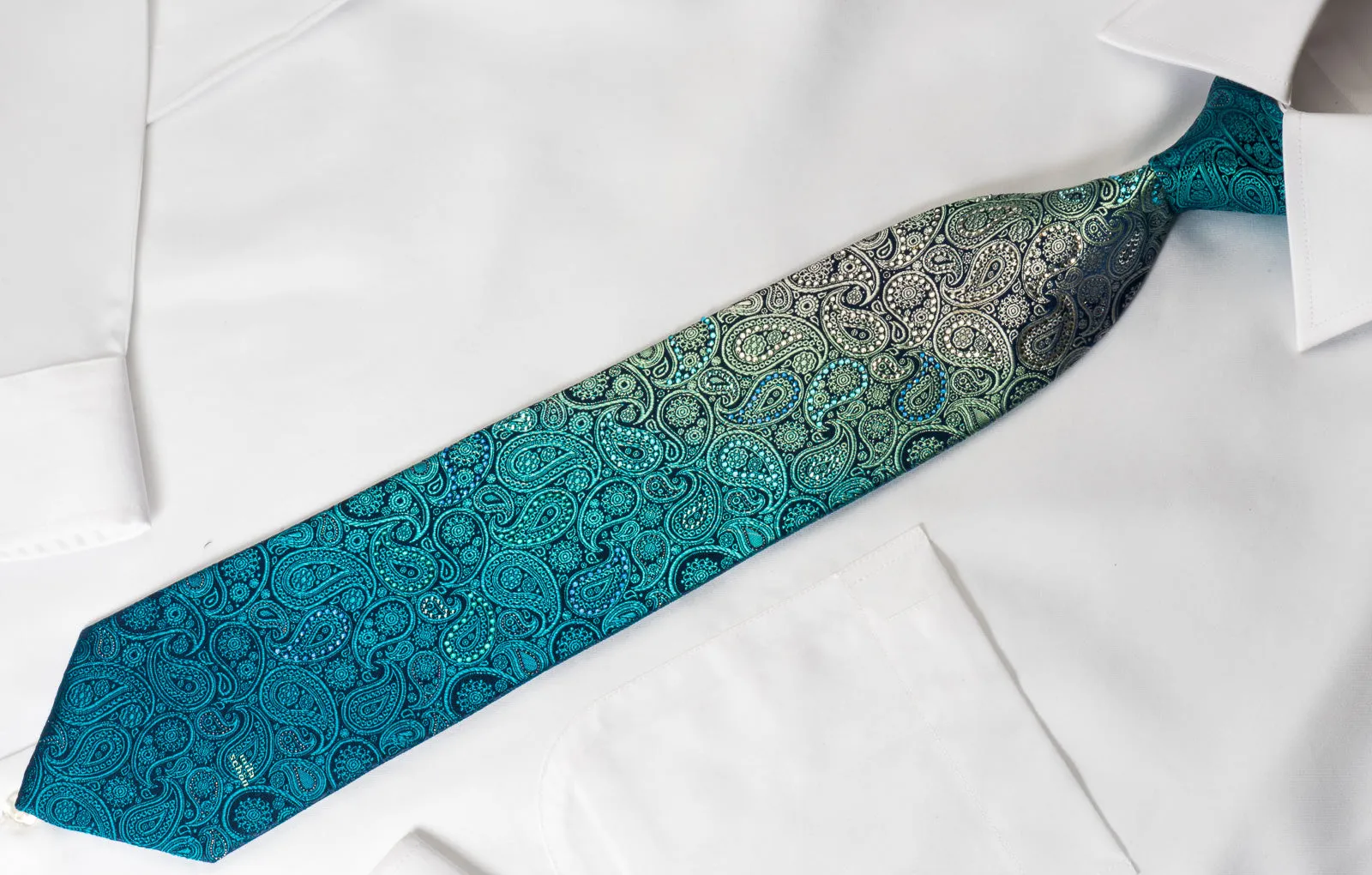Mila Schon Rhinestone Silk Necktie Turquoise Paisley With Silver Sparkles