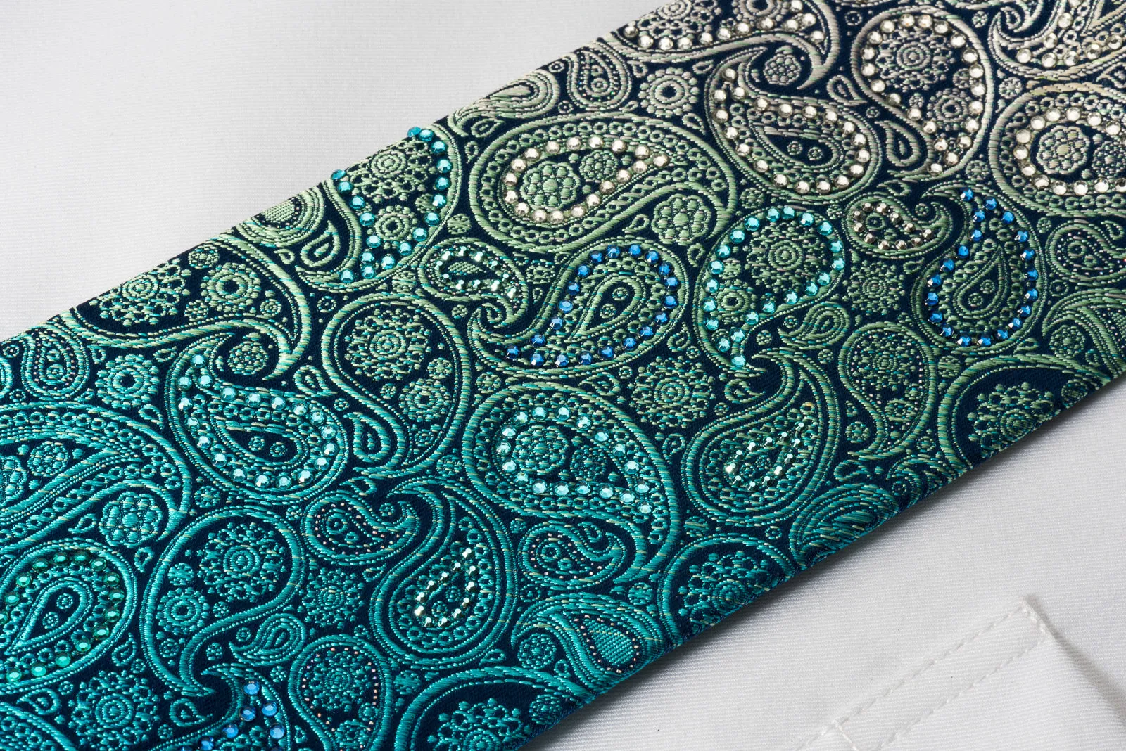Mila Schon Rhinestone Silk Necktie Turquoise Paisley With Silver Sparkles