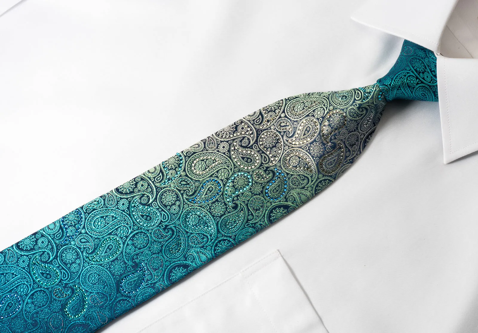 Mila Schon Rhinestone Silk Necktie Turquoise Paisley With Silver Sparkles
