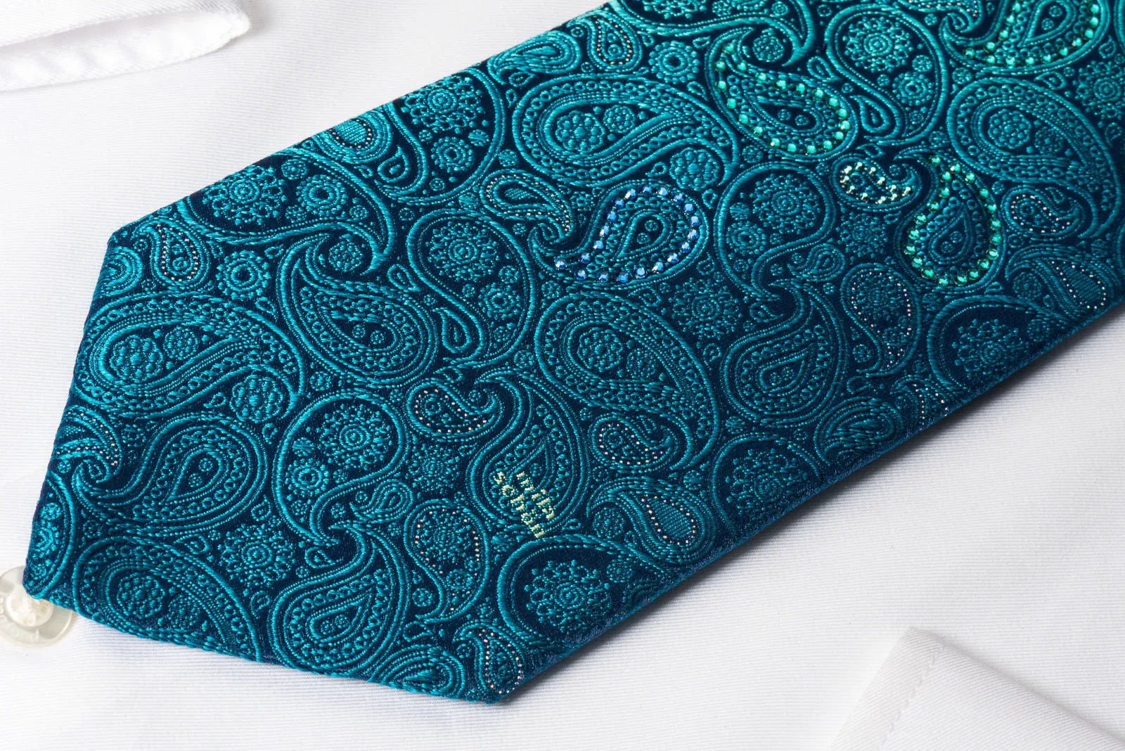 Mila Schon Rhinestone Silk Necktie Turquoise Paisley With Silver Sparkles
