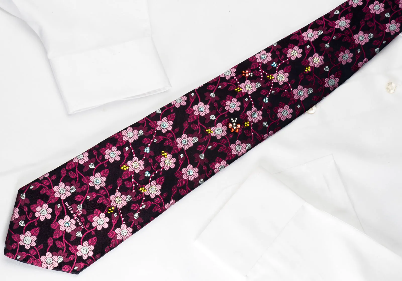 Mila Schon Silk Rhinestone Necktie Burgundy Pink Floral On Purple With Silver Sparkles