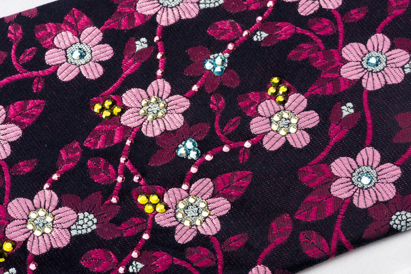 Mila Schon Silk Rhinestone Necktie Burgundy Pink Floral On Purple With Silver Sparkles