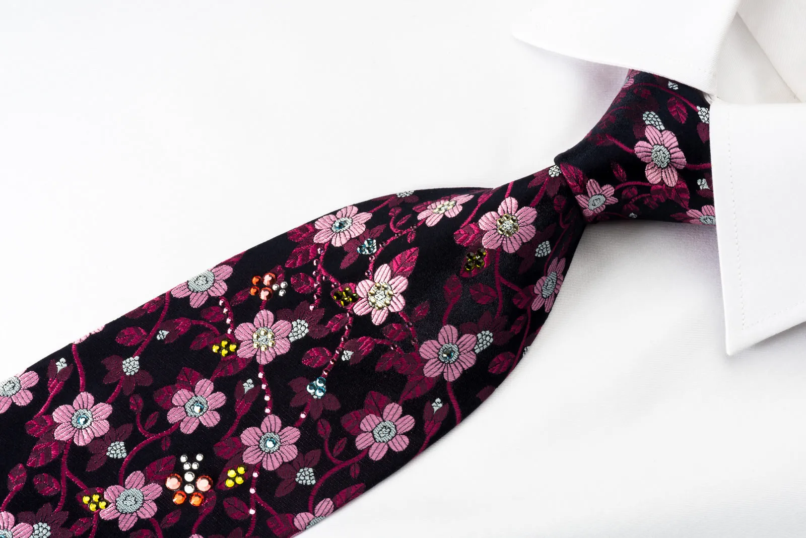 Mila Schon Silk Rhinestone Necktie Burgundy Pink Floral On Purple With Silver Sparkles