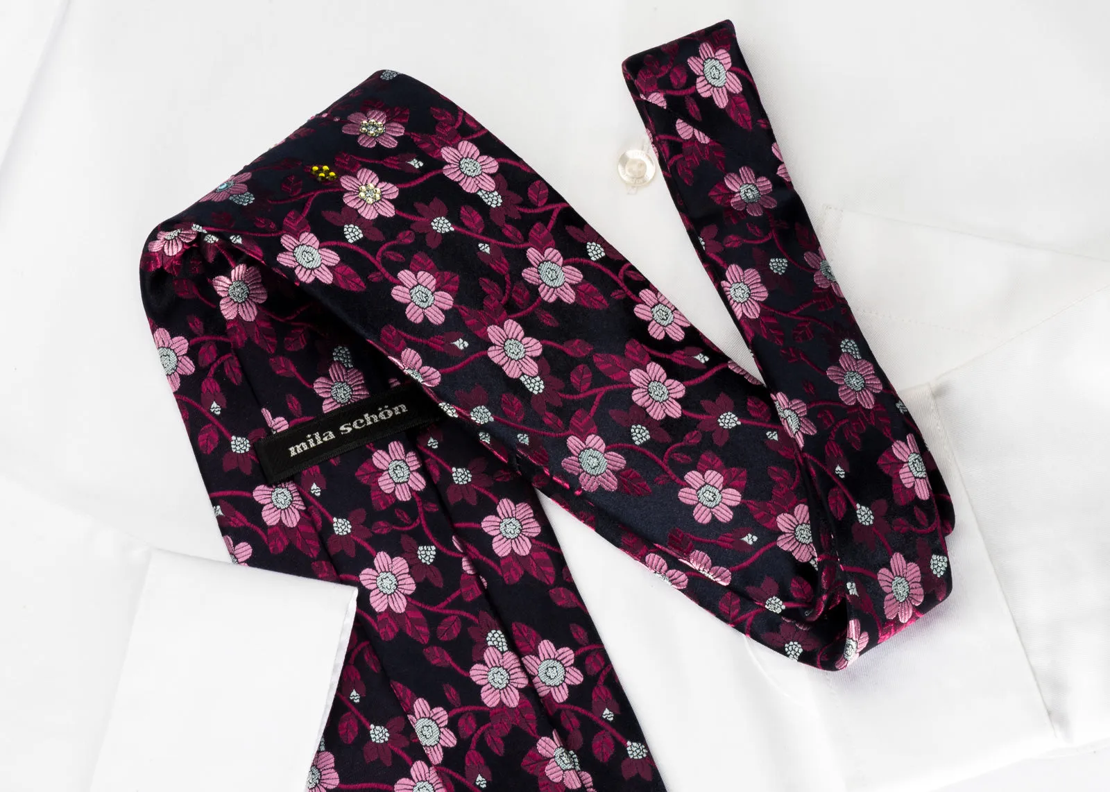 Mila Schon Silk Rhinestone Necktie Burgundy Pink Floral On Purple With Silver Sparkles