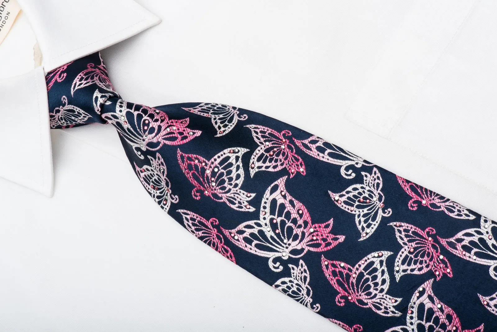 Park Land Mens Rhinestone Tie Butterflies On Blue With Silver Sparkles