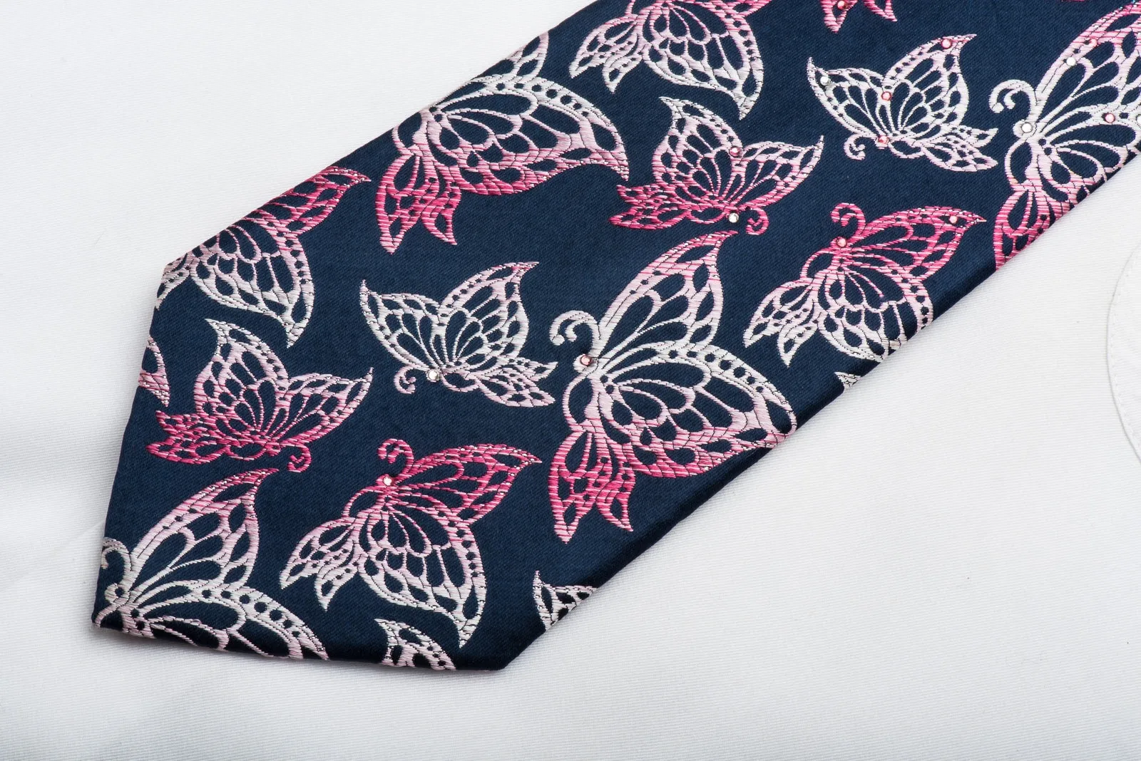 Park Land Mens Rhinestone Tie Butterflies On Blue With Silver Sparkles