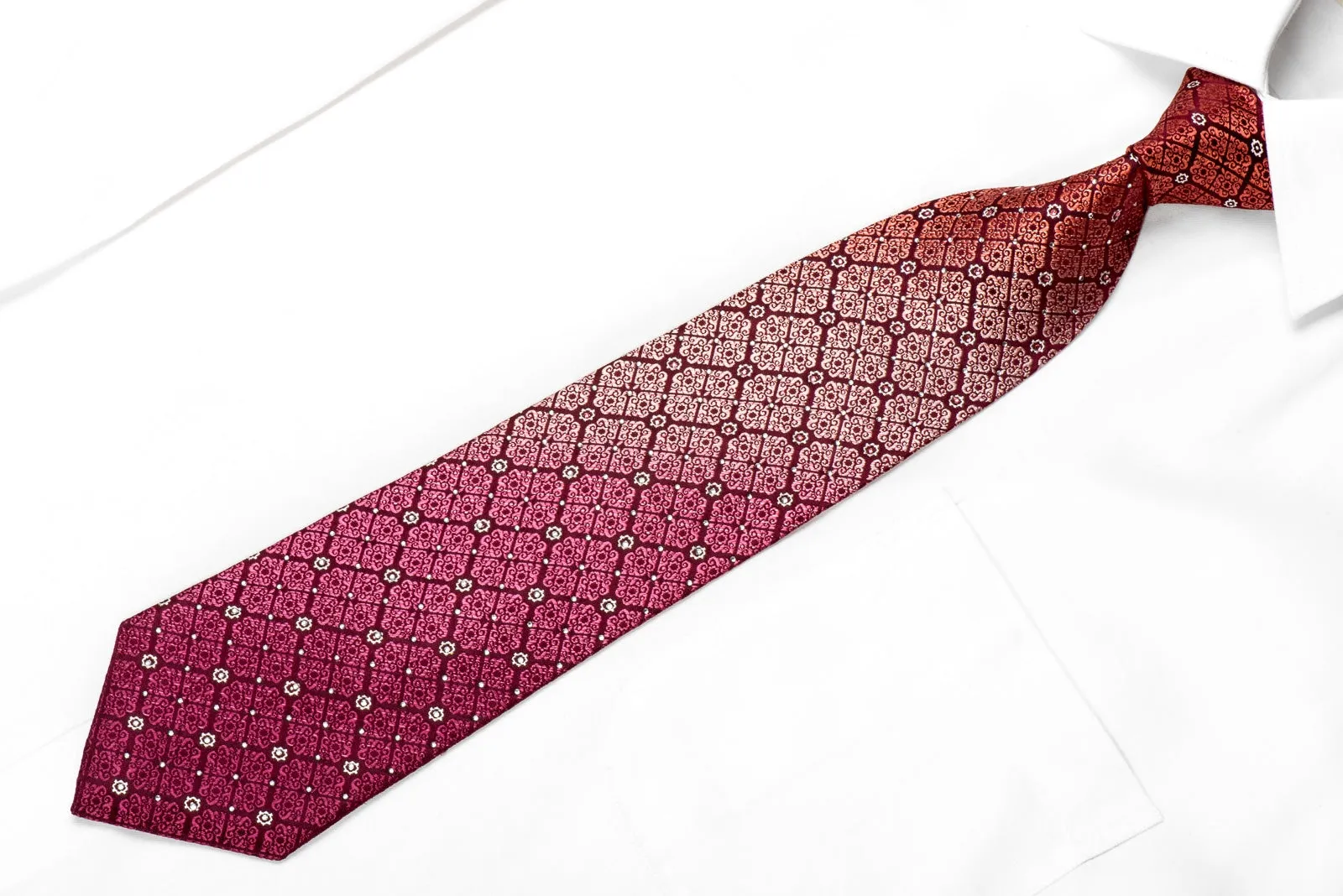 Perry Ellis Men's Crystal Rhinestone Silk Tie Burgundy Purple Cartouche On Burgundy