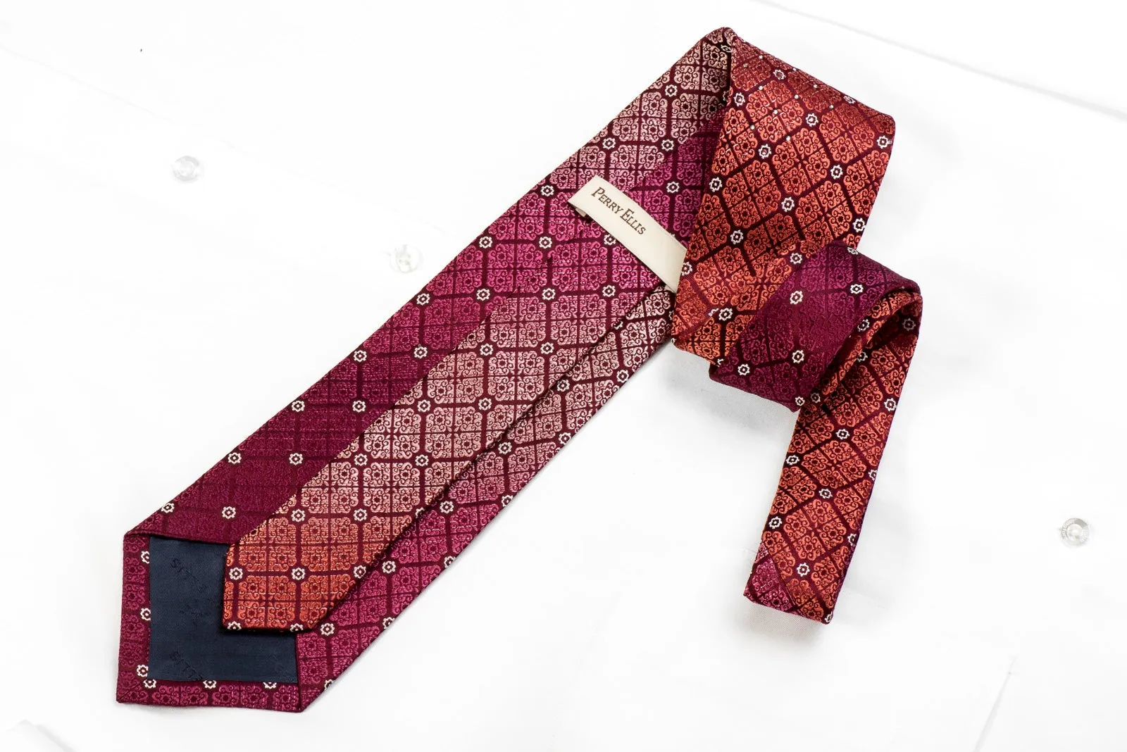 Perry Ellis Men's Crystal Rhinestone Silk Tie Burgundy Purple Cartouche On Burgundy