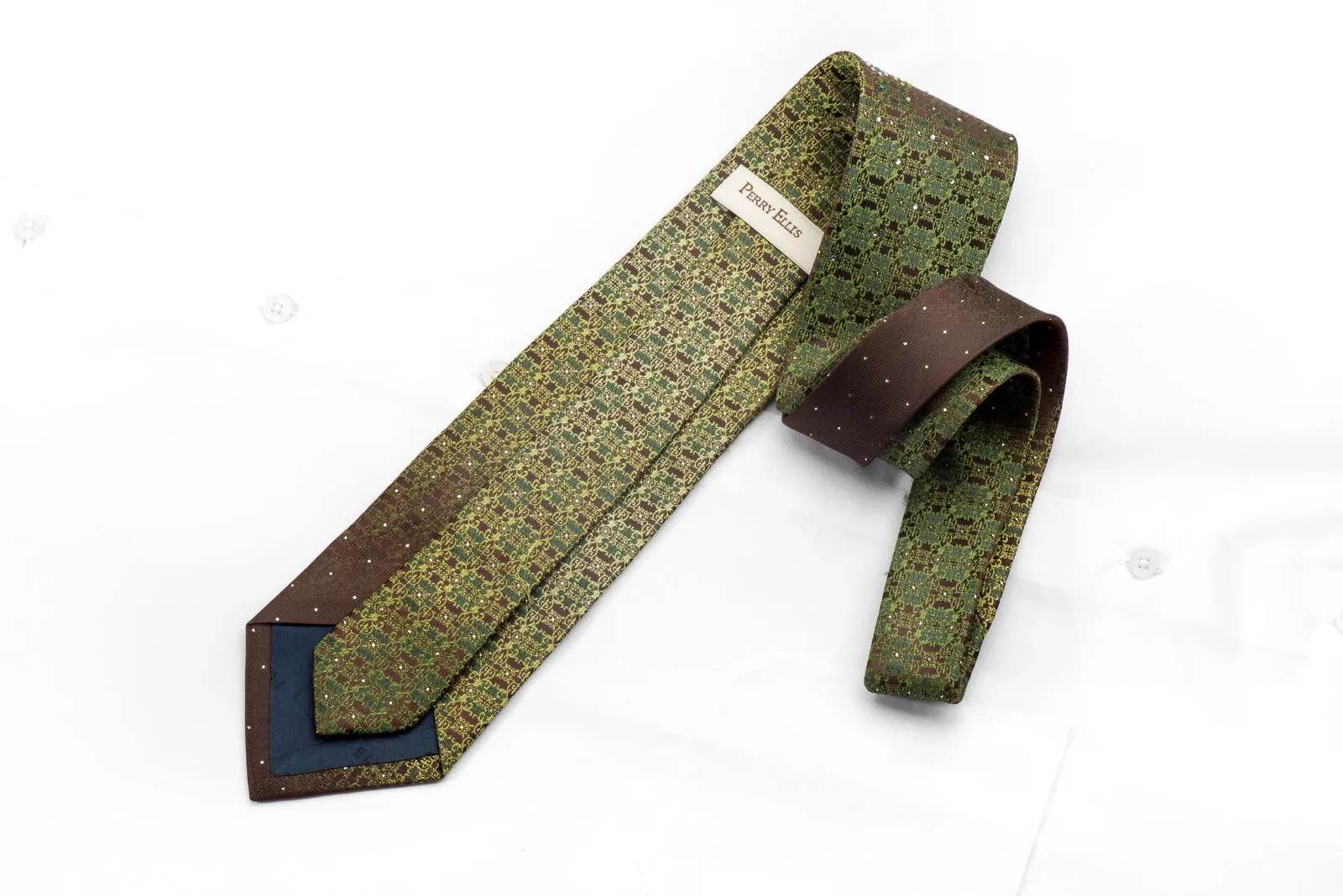 Perry Ellis Men's Rhinestone Silk Necktie Green Cartouche On Brown With Silver Sparkles