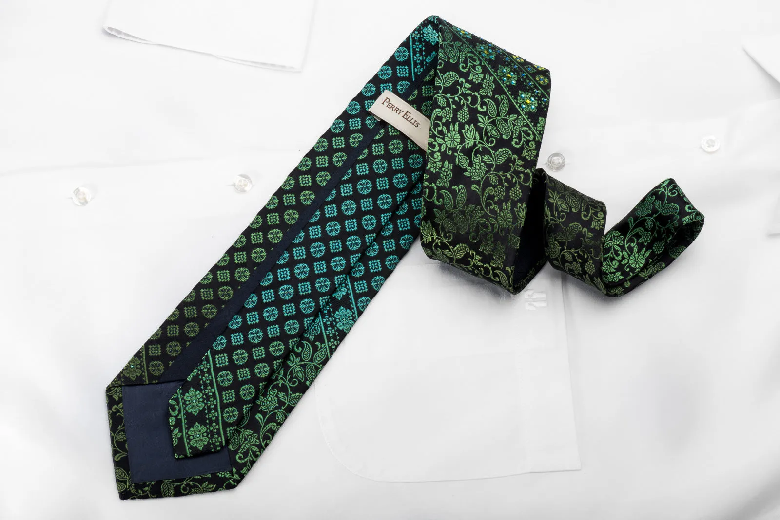 Perry Ellis Men's Silk Necktie Green Floral On Black Sparkling With Rhinestones