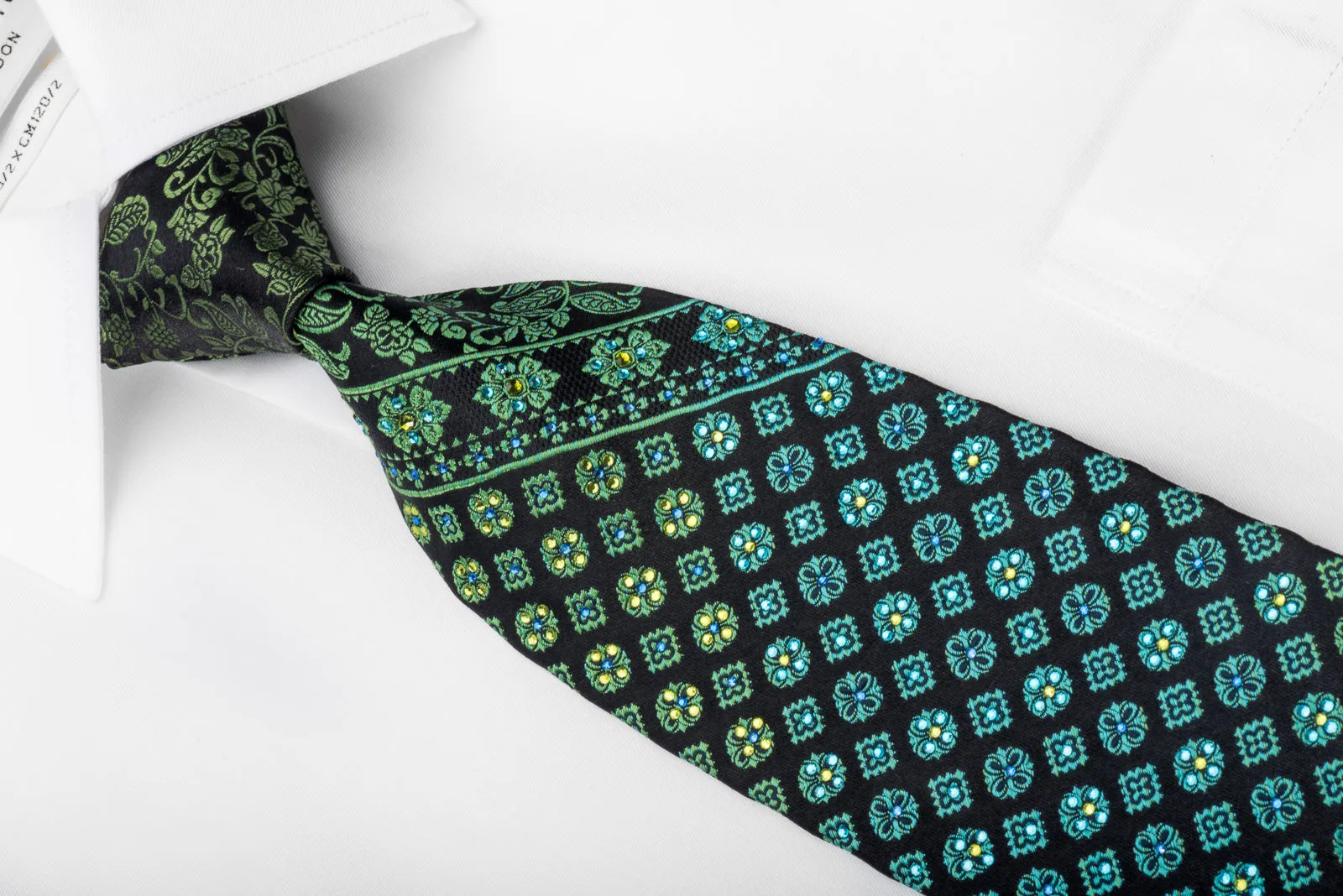 Perry Ellis Men's Silk Necktie Green Floral On Black Sparkling With Rhinestones