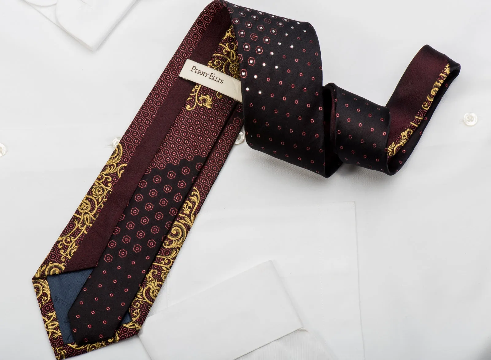 Perry Ellis Rhinestone Silk Necktie Golden Filigree On Dark Burgundy With Gold Sparkles