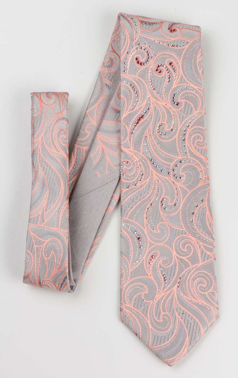 Perry Ellis Rhinestone Silk Necktie Peach Pink Paisley On Silver With Rhinestones