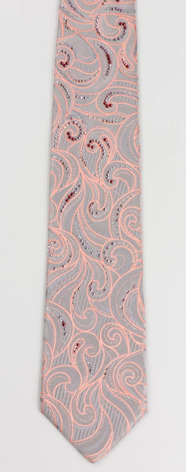Perry Ellis Rhinestone Silk Necktie Peach Pink Paisley On Silver With Rhinestones