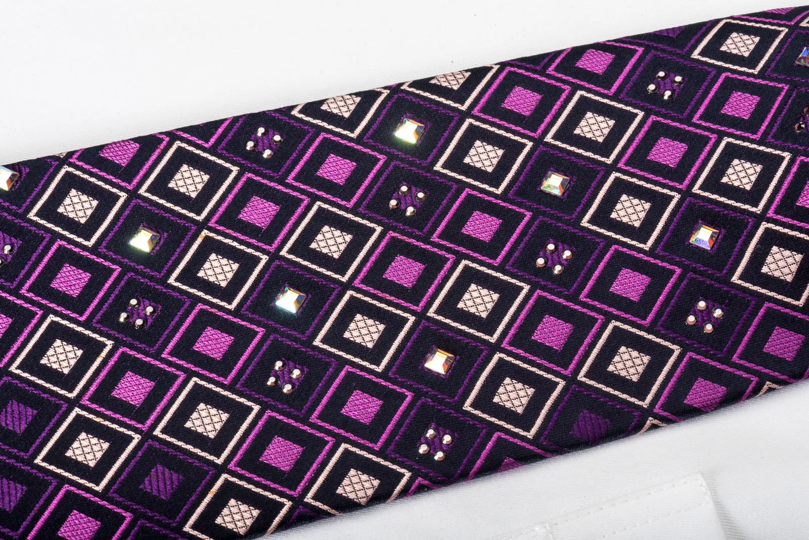 Perry Ellis Silk Rhinestone Necktie Checker On Purple With Square Rhinestones