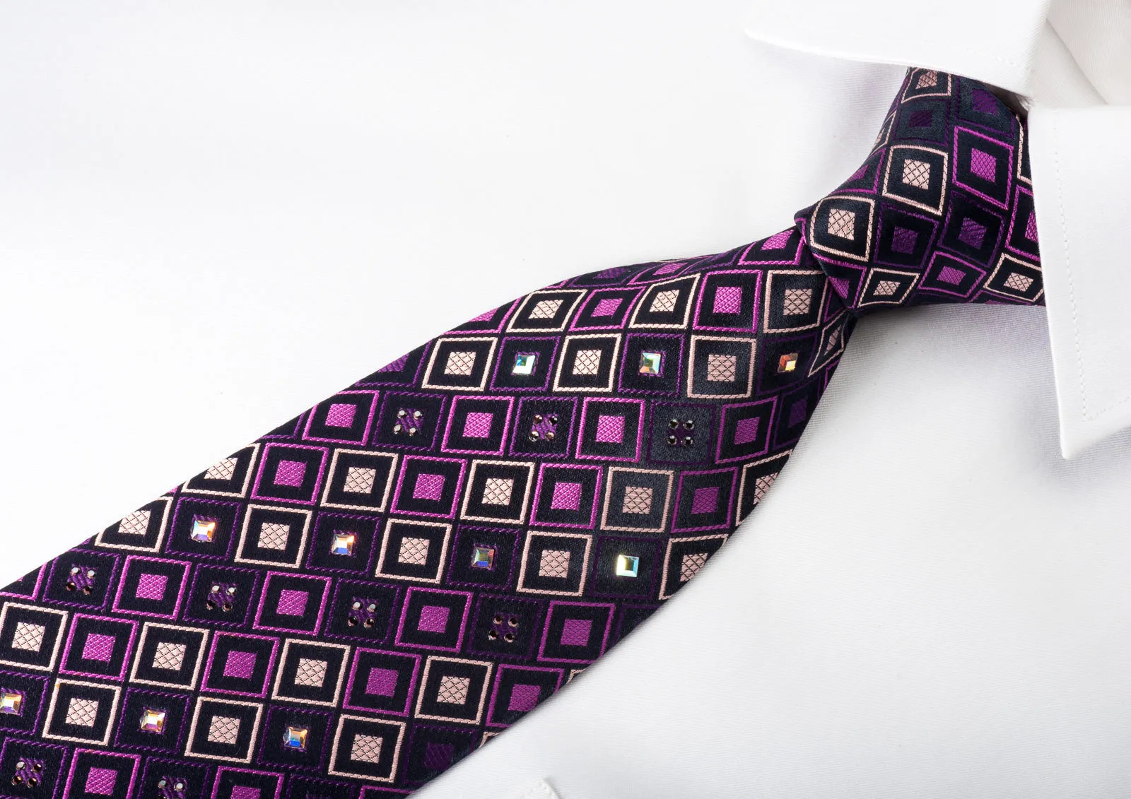 Perry Ellis Silk Rhinestone Necktie Checker On Purple With Square Rhinestones