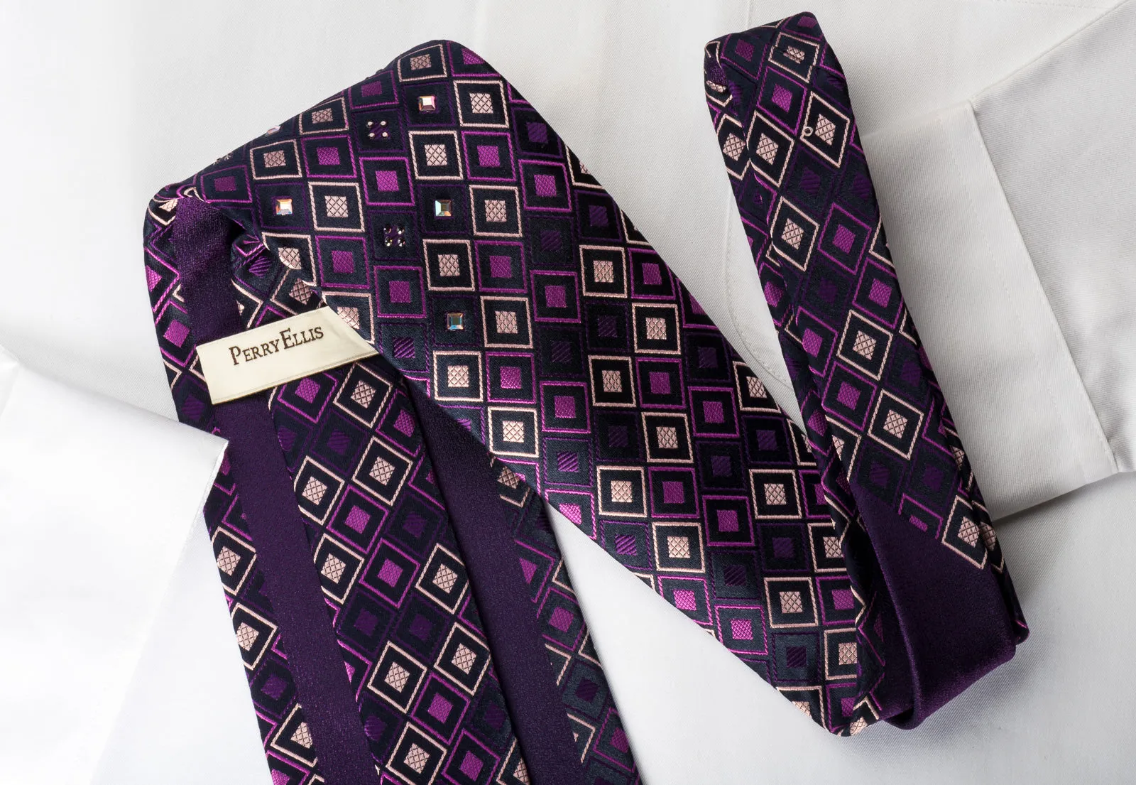 Perry Ellis Silk Rhinestone Necktie Checker On Purple With Square Rhinestones