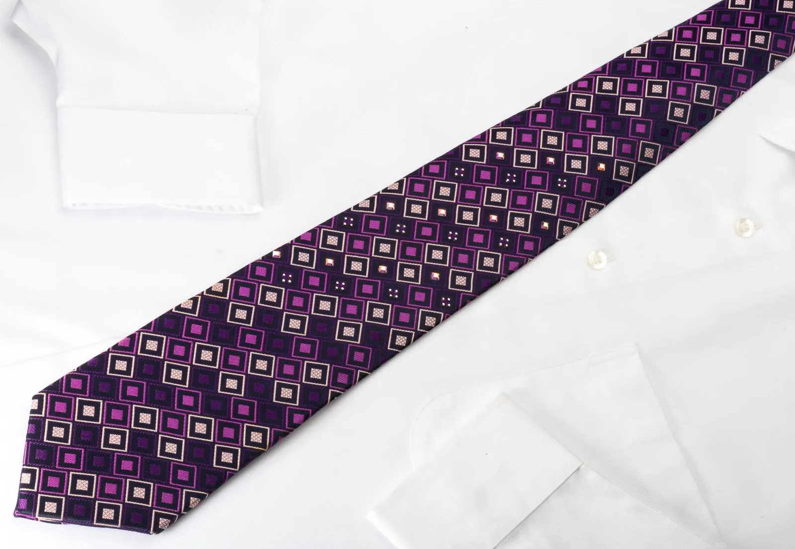 Perry Ellis Silk Rhinestone Necktie Checker On Purple With Square Rhinestones