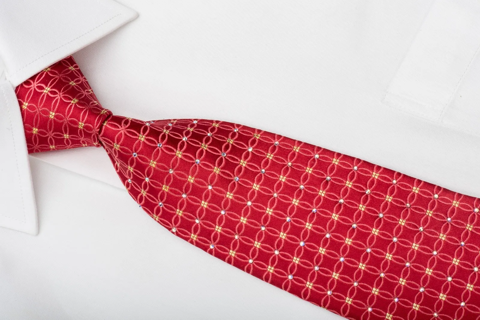 Pierre Cardin Rhinestone Silk Necktie Interlocking Circles On Red With Gold Sparkles