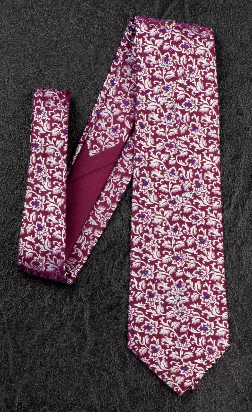 Pierre Cardin Rhinestone Tie Silk Silver Floral Design On Burgundy