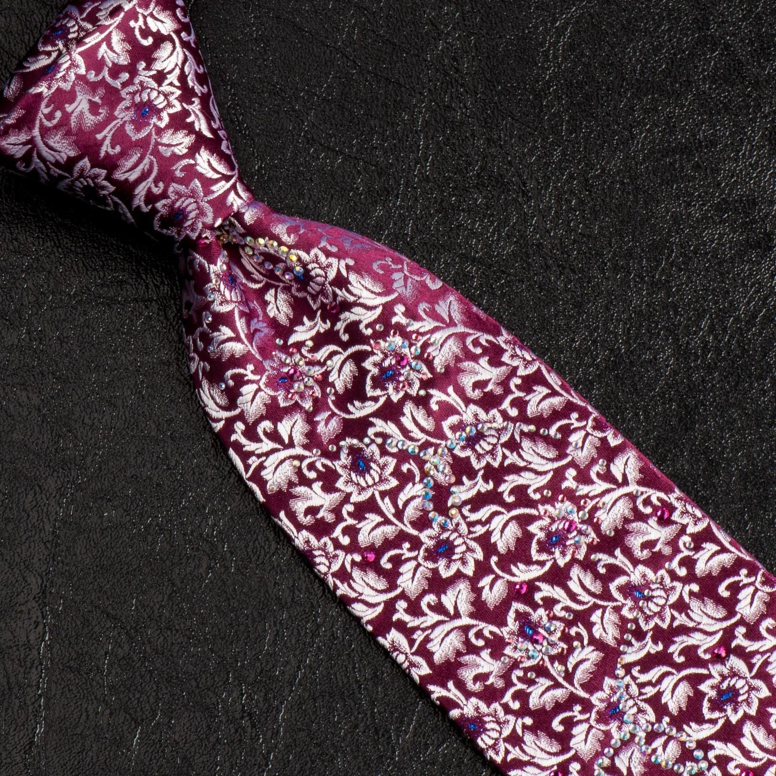 Pierre Cardin Rhinestone Tie Silk Silver Floral Design On Burgundy