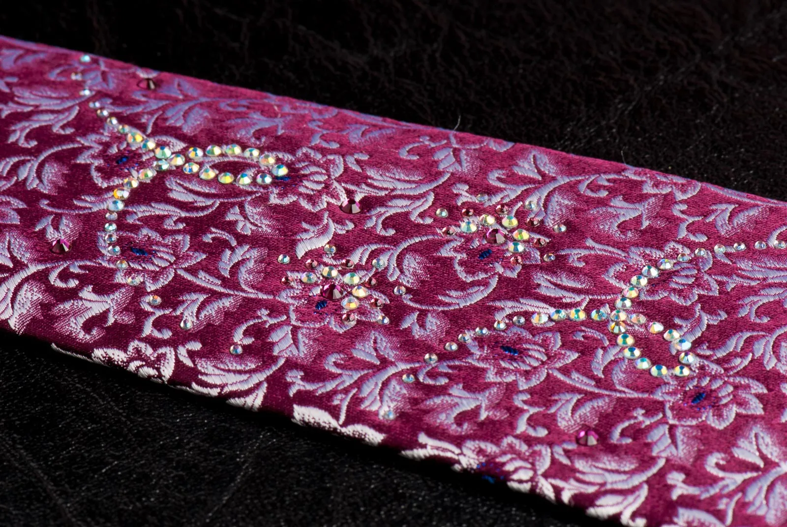 Pierre Cardin Rhinestone Tie Silk Silver Floral Design On Burgundy