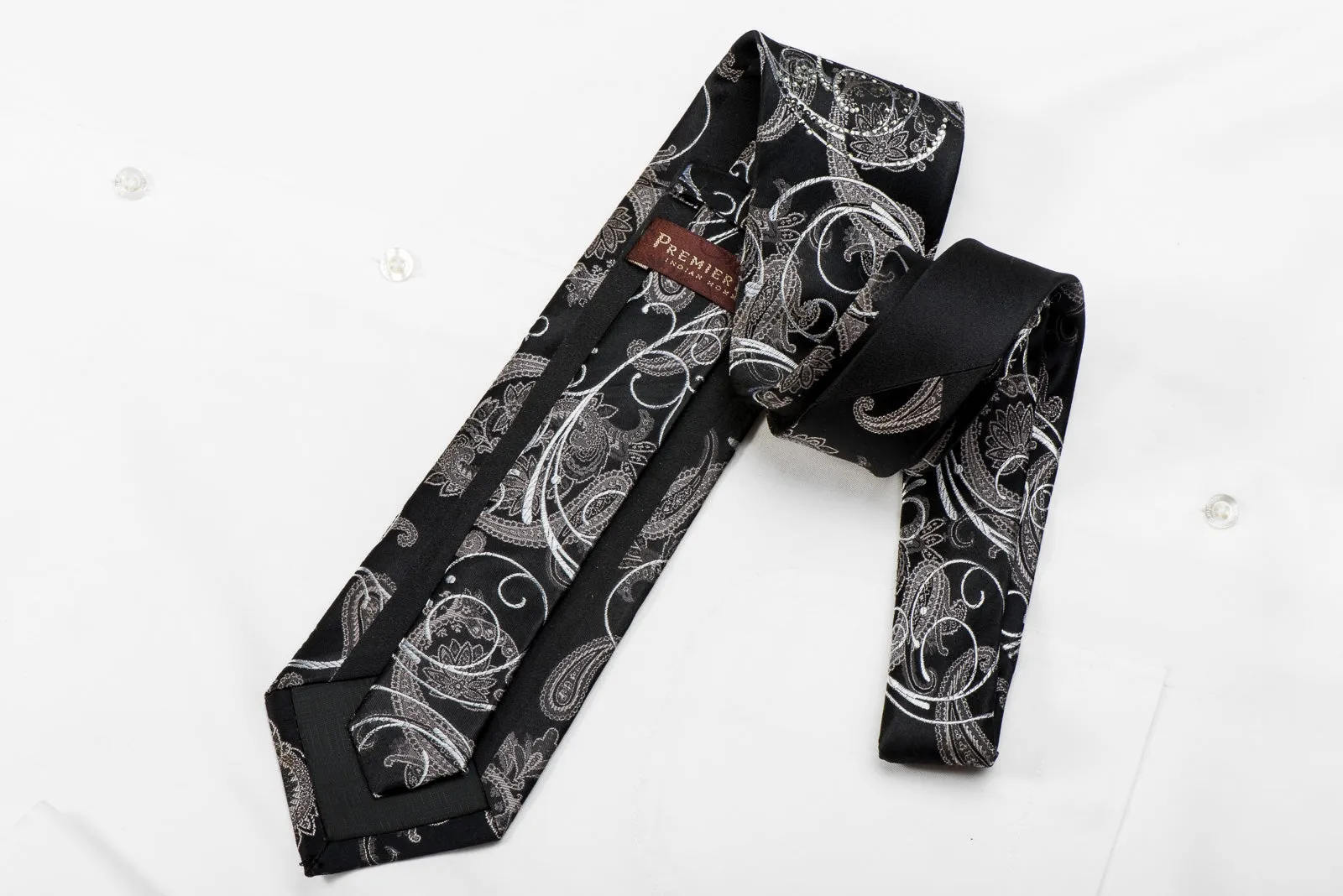 Premierlux Men's Crystal Silk Necktie Silver Scrolls & Acanthus On Black With Silver Sparkles