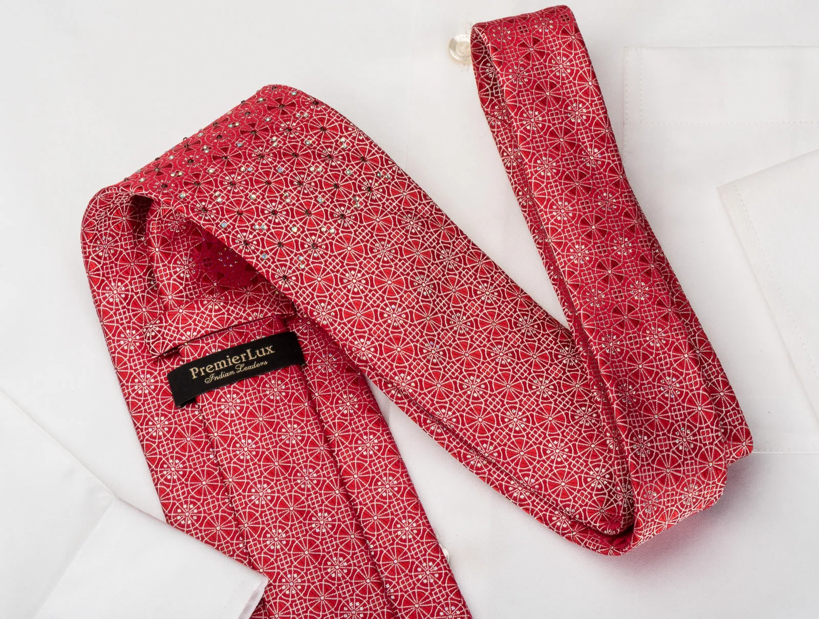 Premierlux Silk Rhinestone Tie Silver Arabesque On Red