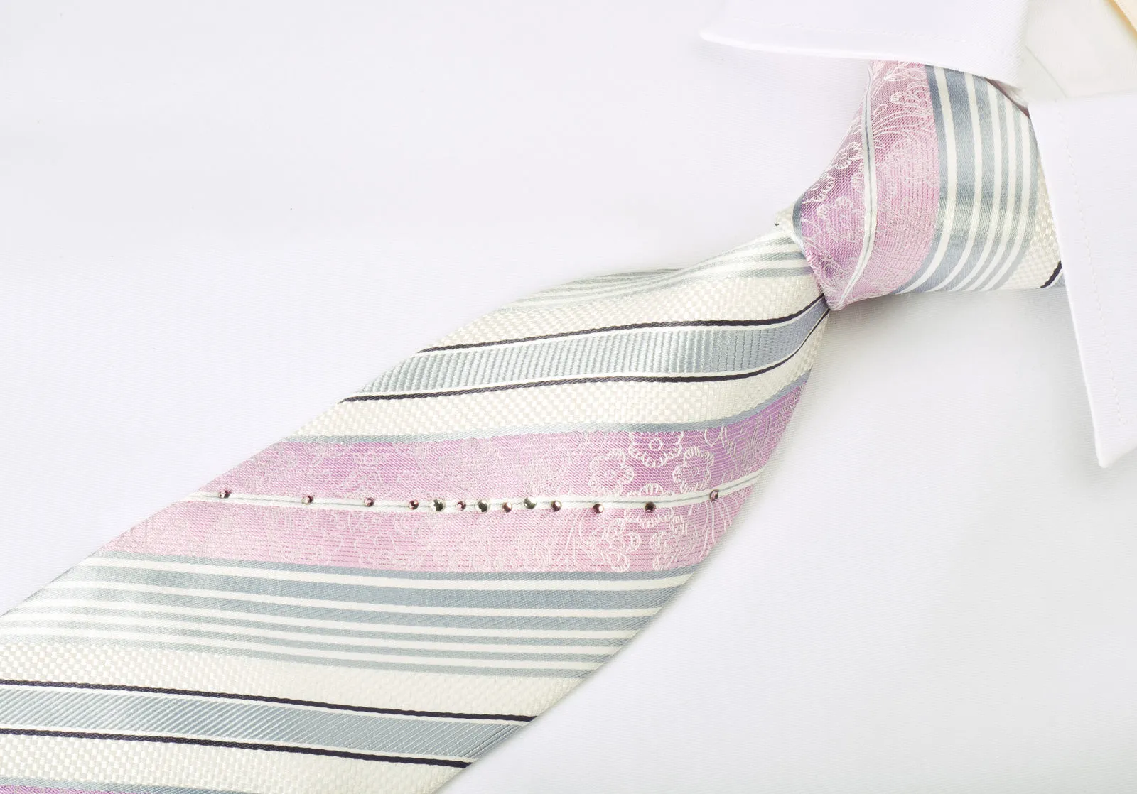 Premium Royal Silk Necktie Pink Silver Stripes On White With Rhinestones