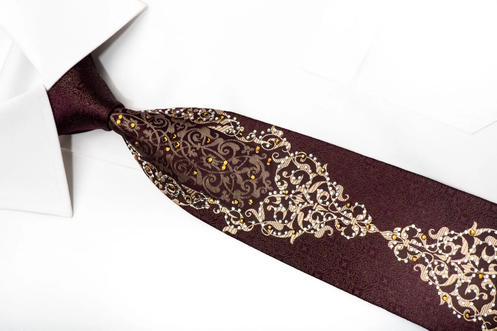 Remizio Men's Silk Necktie Gold Damask On Burgundy Sparkling With Crystal Rhinestones