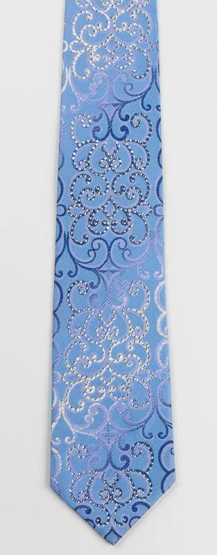 Remizio Silk Rhinestone Silk Tie Silver Scrolls On Blue Necktie With Silver Sparkles