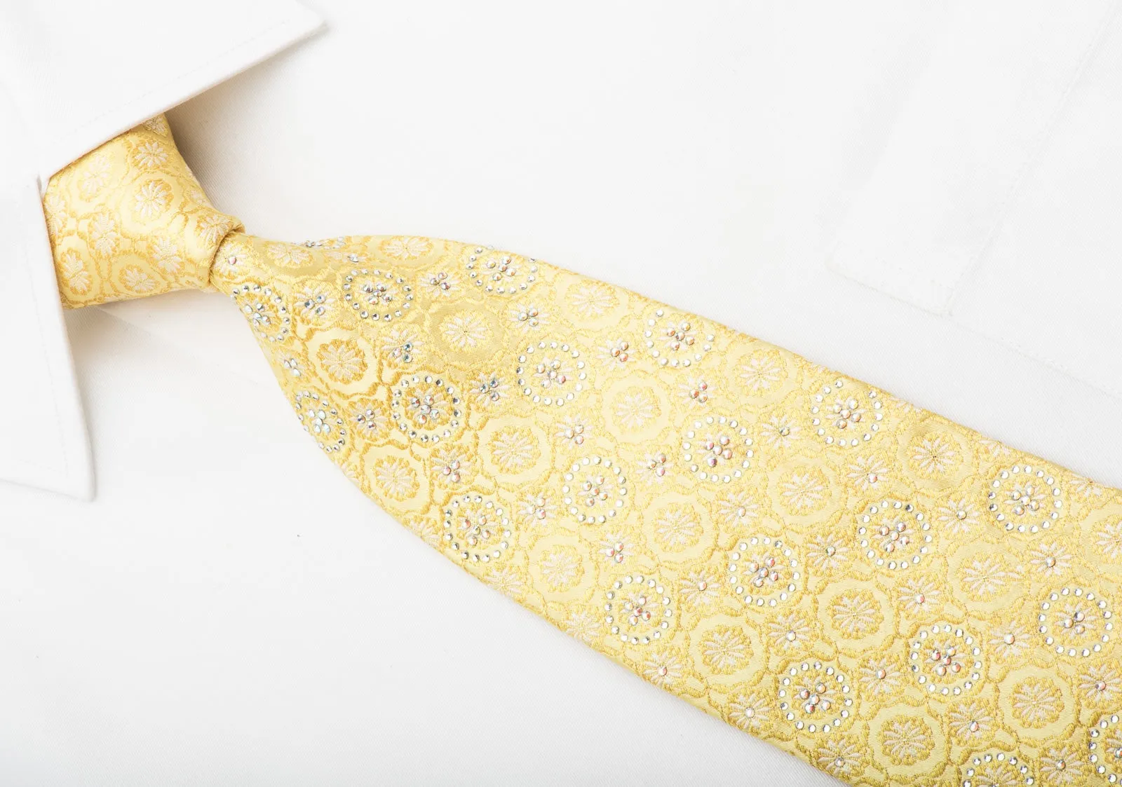 Renoma Men's Rhinestone Necktie Floral On Yellow Silk With Gold Sparkles