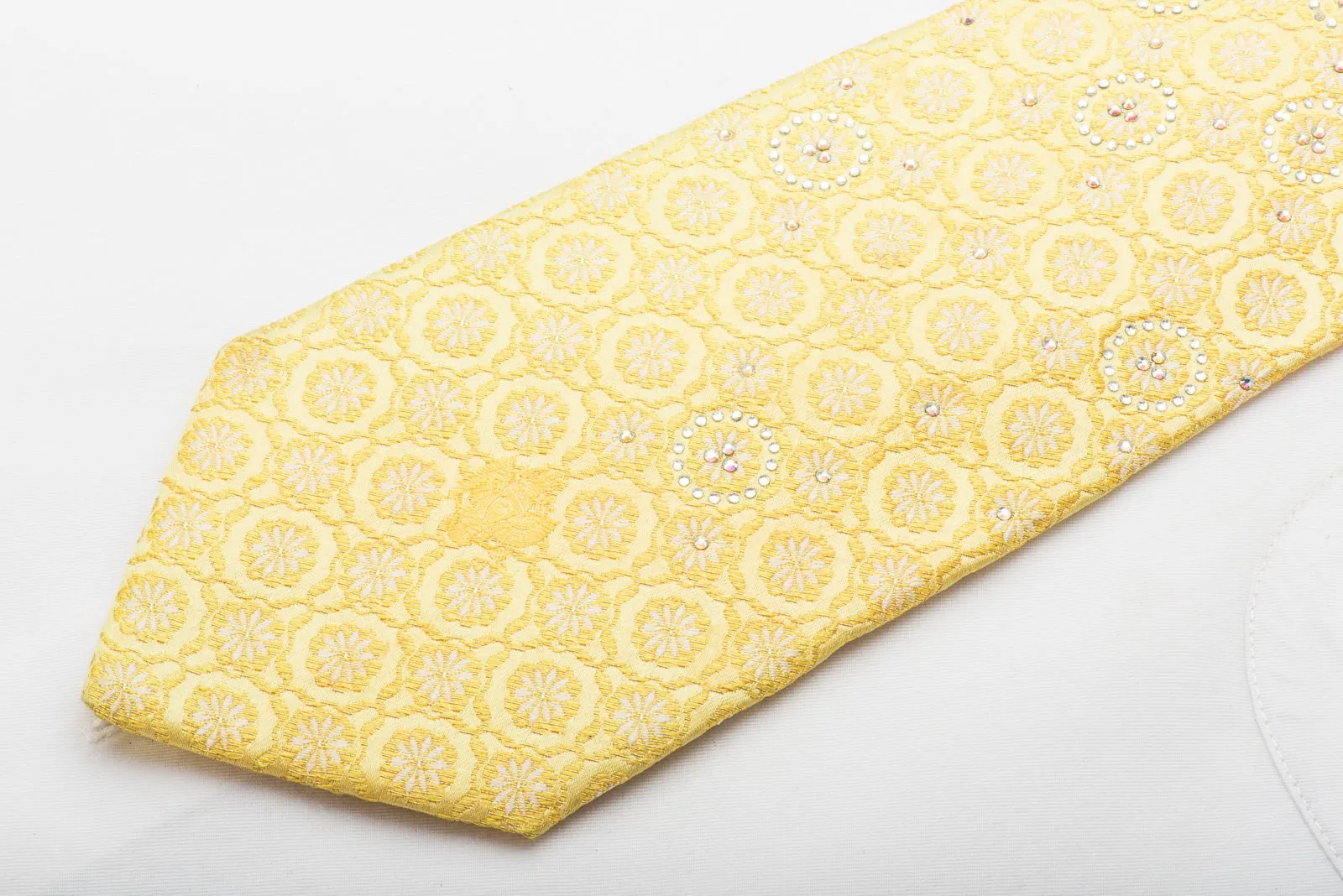 Renoma Men's Rhinestone Necktie Floral On Yellow Silk With Gold Sparkles