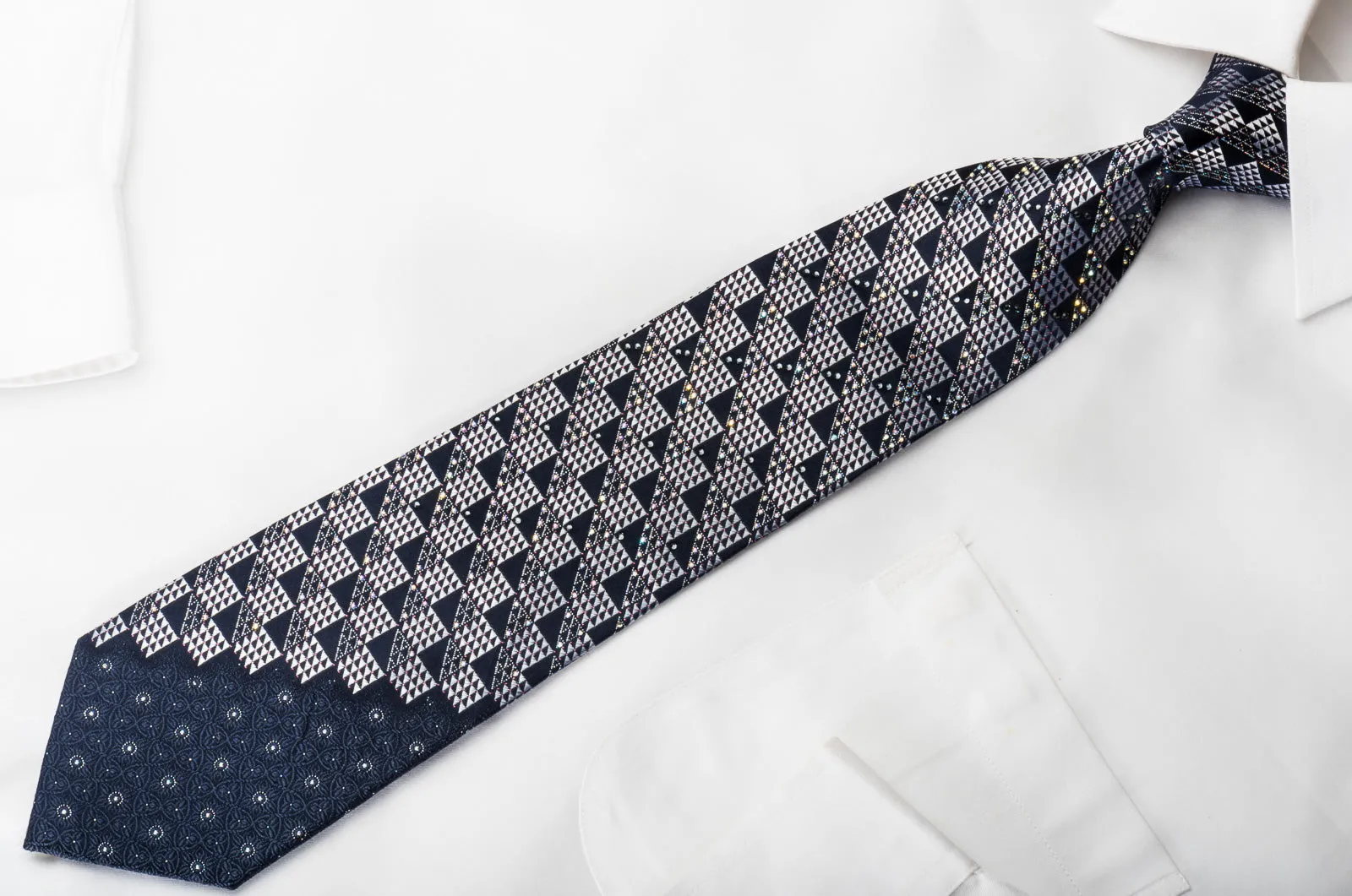 Renoma Rhinestone Silk Necktie Silver Checkered On Navy Blue With Silver Sparkles