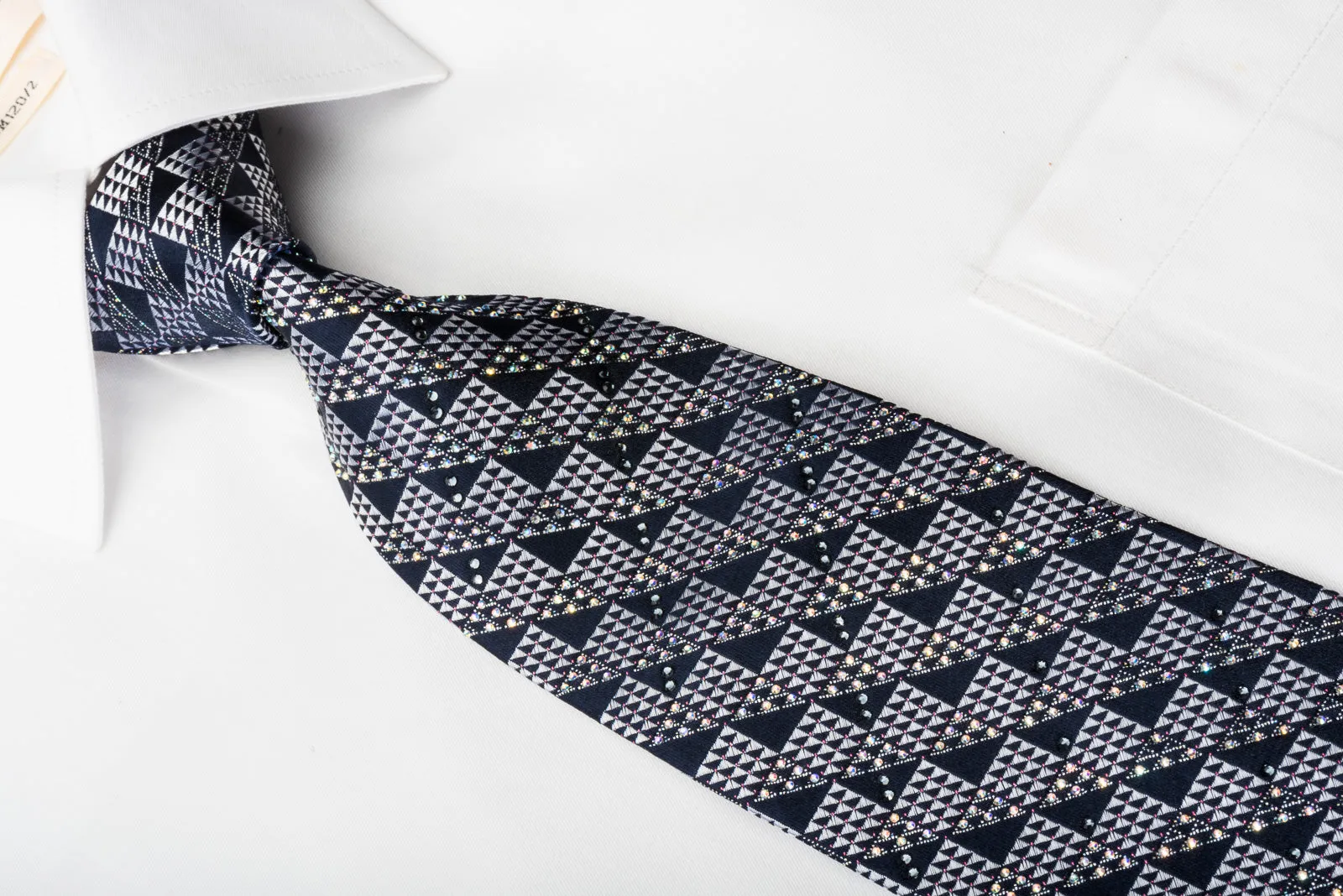 Renoma Rhinestone Silk Necktie Silver Checkered On Navy Blue With Silver Sparkles