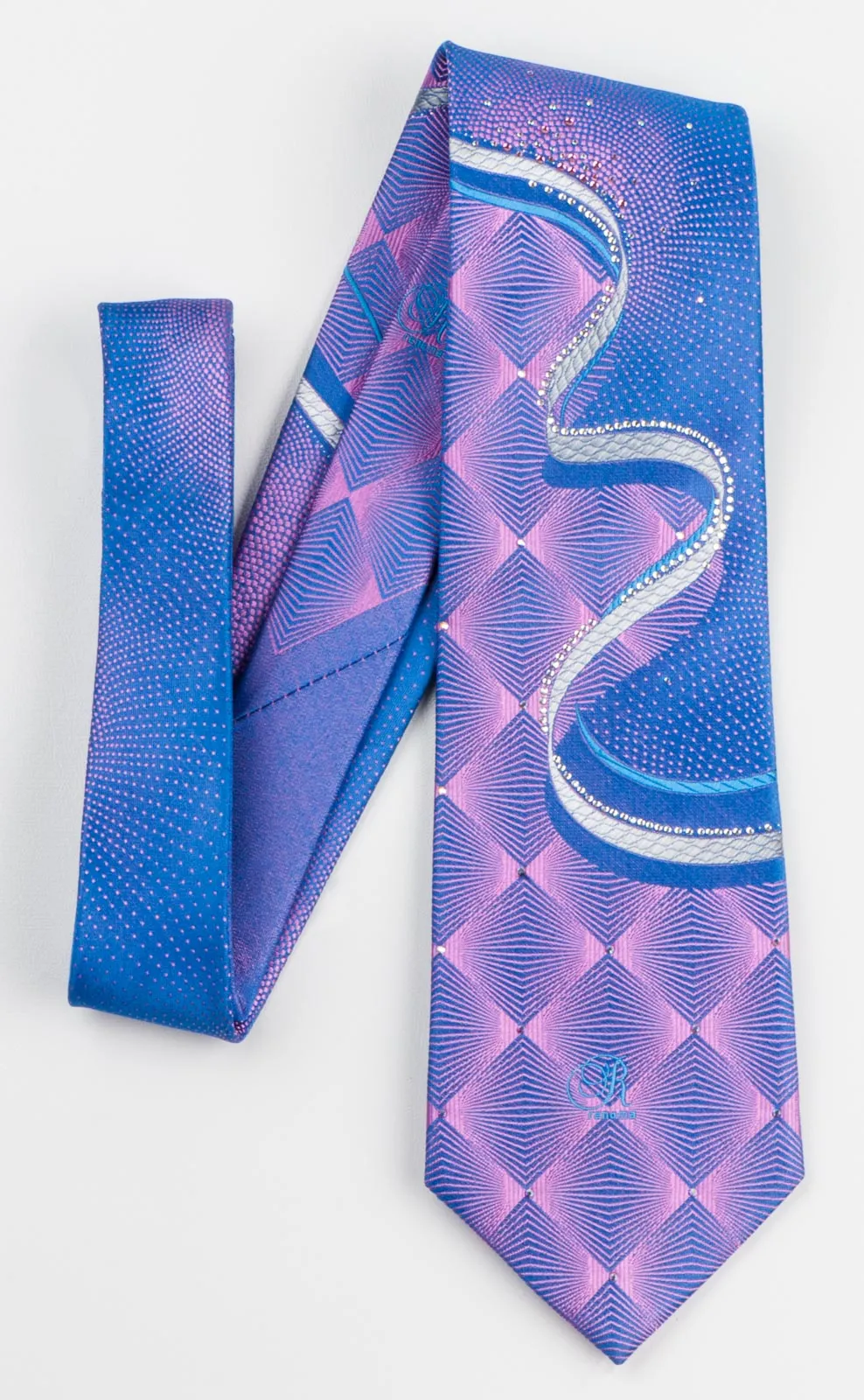 Renoma Rhinestone Tie Geometric Chequer Waves & Dots On Blue